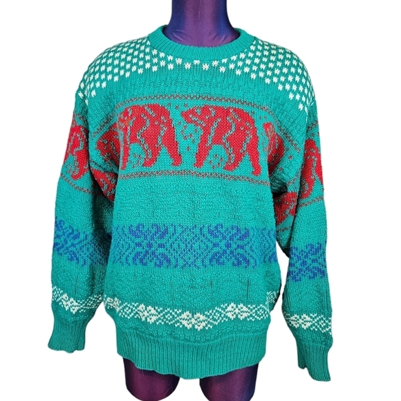 Vintage Lake Harmony Rowing Club Teal Bear Fair Isle Sweater Size Medium Men's - Picture 9 of 10